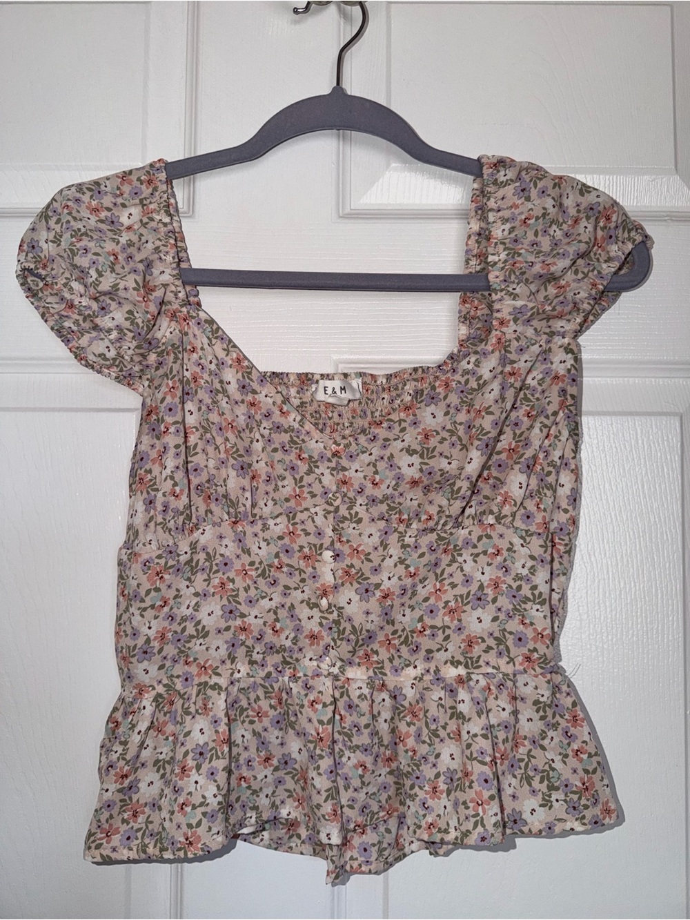 Floral Puff Sleeve Peplum Top Size Small Cottagecore E&M brand